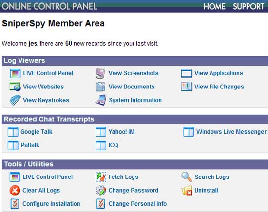 The SniperSpy Online Control Panel