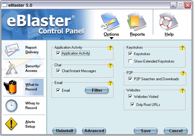Screenshot of the eBlaster Control Panel